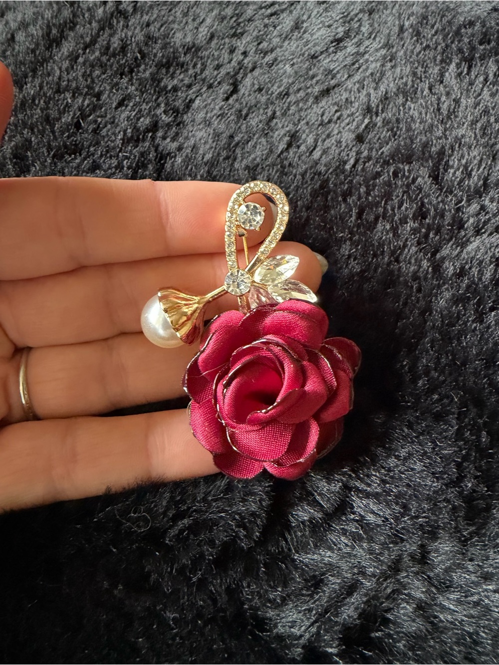 Burgundy Rose Pearl & Crystal Floral Brooch - Women's Jewelry